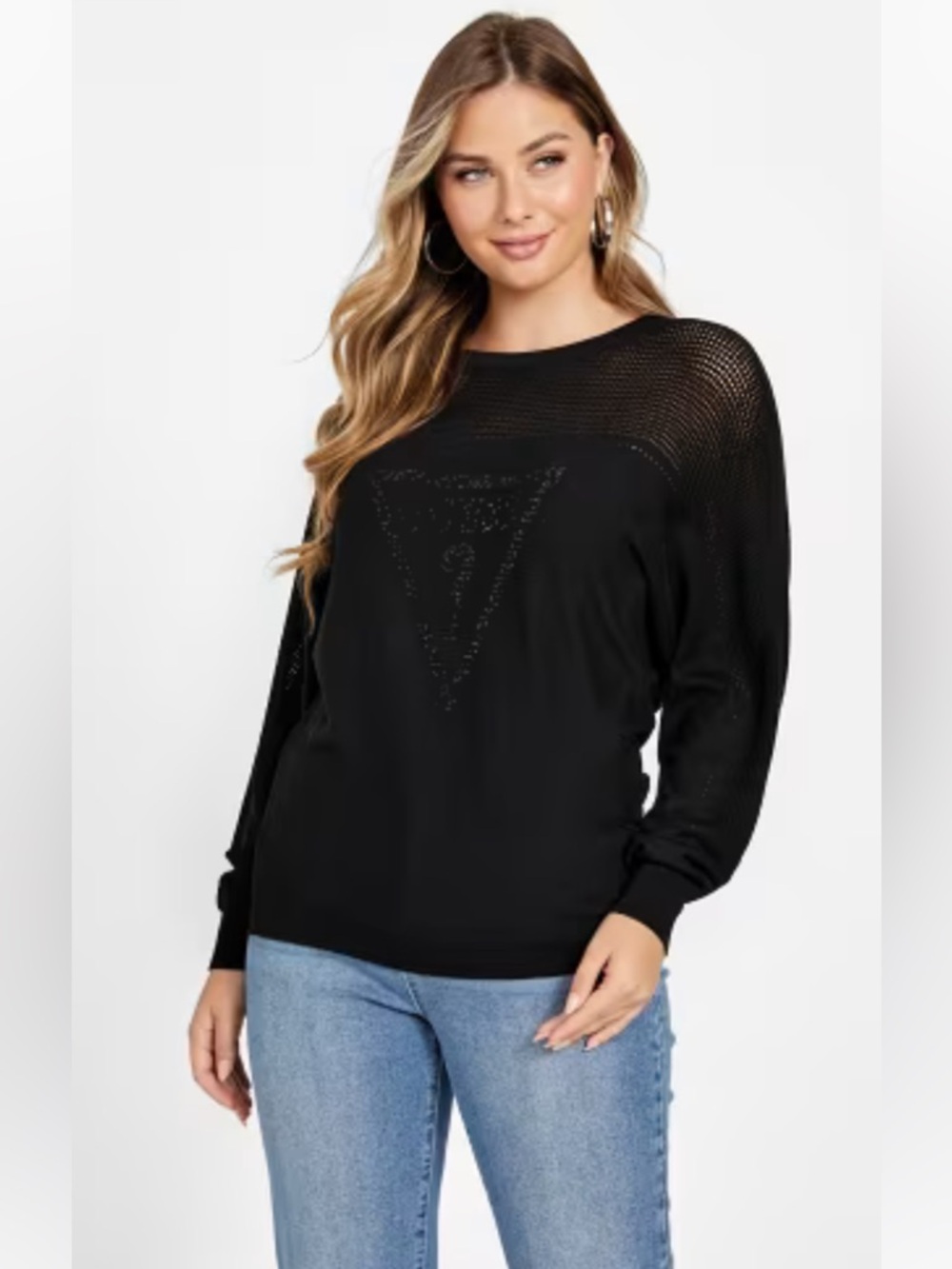 Guess Black Off-the-Shoulder Mesh Sweater Rhinestone Logo L
